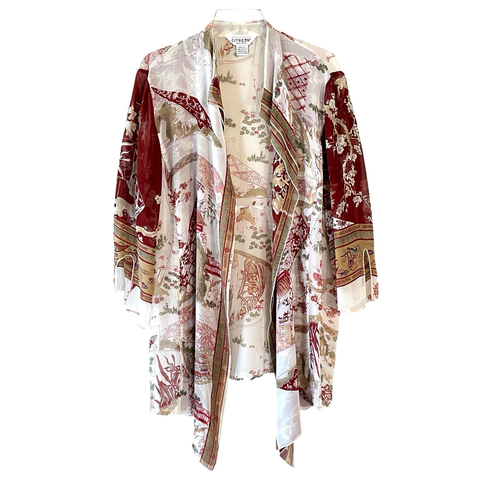 CITRON SANTA MONICA Size Med/Large Sheer Silk Open Art-To-Wear Kimono Cardigan